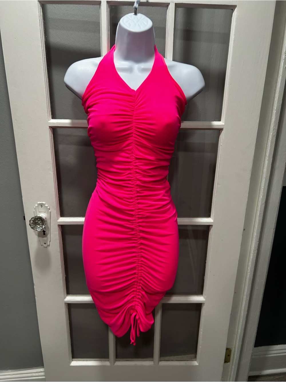 Neon Hot Pink Ruched Halter Mini Dress